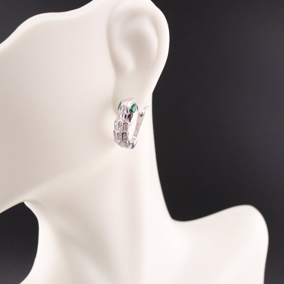 Women's Sterling Silver Serpent Hoop Earrings with Green CZ Eyes Huggie Style ** - Picture 4 of 11